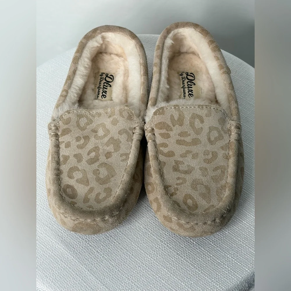 Deluxe Dearfoams Leopard Print Moccasin Slippers Kids Size 1 EU 32(A327)✨